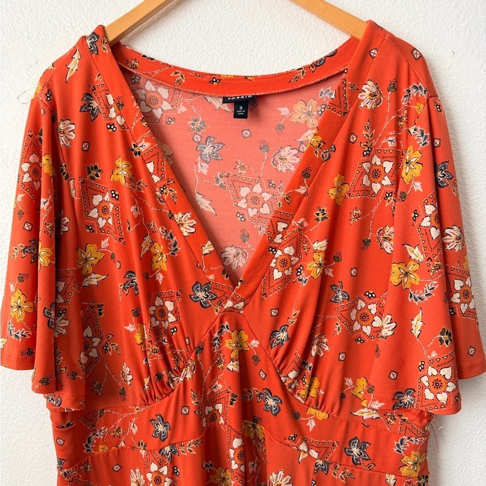 Torrid Orange Floral Print Flutter Sleeve Dress 3X Plus Size Women’s - Picture 3 of 10